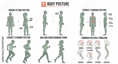 Body Posture Infographic with Correct and Incorrect Sitting, Standing, and Running Forms