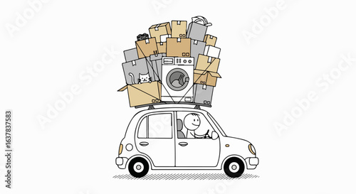 Cartoon stick figure driving a small car overloaded with moving boxes, a washing machine, and a cat.