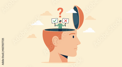 Conceptual illustration of a man inside an open head holding right and wrong signs, symbolizing internal conflict and decision-making.