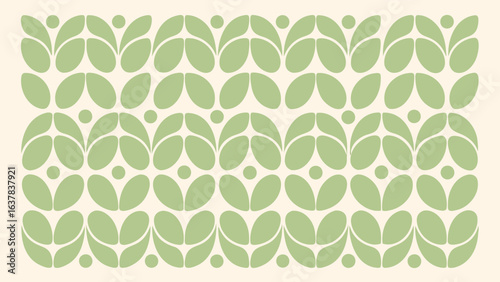 Repeating light green leaf and dot pattern on a light beige background creating a floral motif design