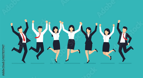 Diverse team of joyful business professionals in formal suits jumping in celebration.