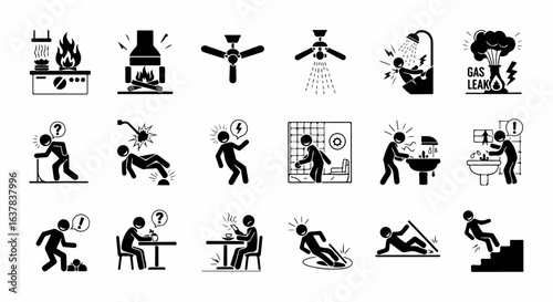 A set of black stick figure pictograms illustrating various household accidents, dangers, and safety hazards.