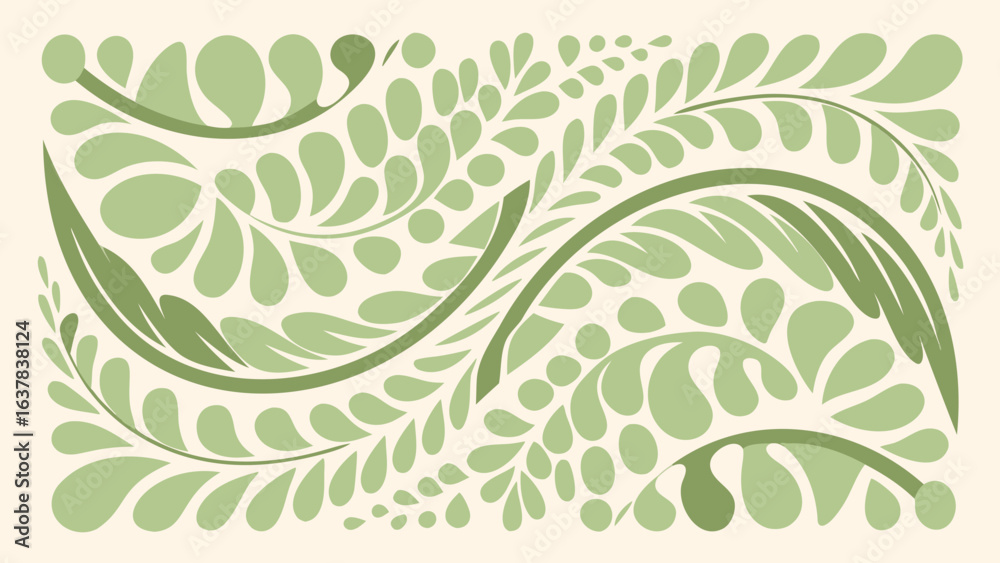 Fototapeta premium Illustration of light green leaves and branches in a decorative pattern on a light background