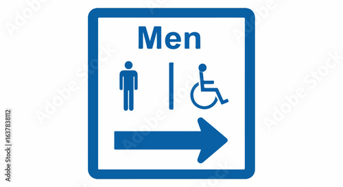 Blue directional sign for men's restroom with accessible symbol and arrow pointing right.