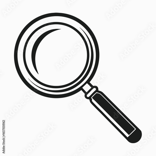 Vintage Style Magnifying Glass Icon: Black and White Vector Illustration, Search, Investigation, Discovery Concept, Simple Design, Clean Lines, Professional Graphic,  High-Resolution Image.