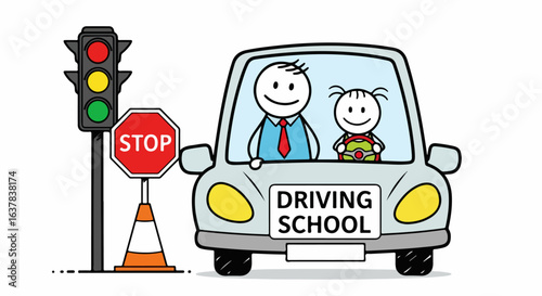 Cartoon driving school lesson with a smiling instructor and student in a car at a traffic light and stop sign.