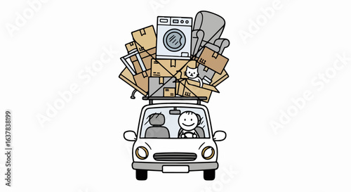 Cartoon of a happy person driving a car overloaded with moving boxes, furniture, a washing machine, and a cat.