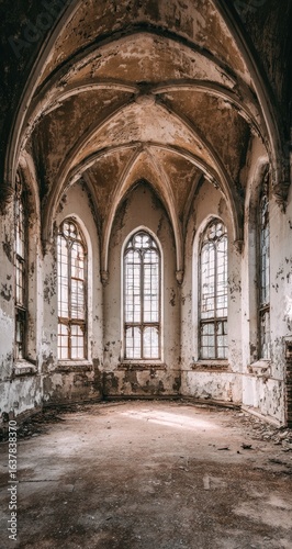 Ruined church interior  gothic arches  stained glass