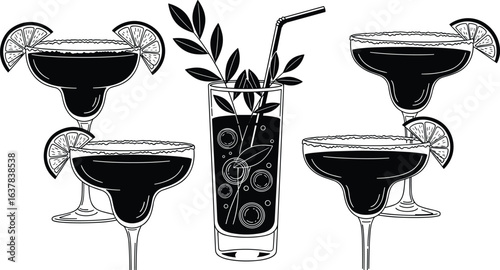 Margarita glass silhouette set, lime garnish, cocktail drinks, stemmed glasses, fizzy beverage, straw glass, refreshing summer drink, barware icons, illustration