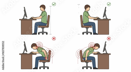 Ergonomic illustration showing correct and incorrect sitting posture at a computer desk to prevent back and neck pain.