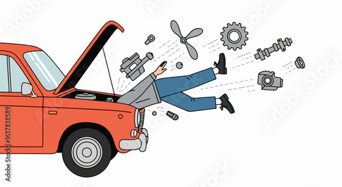 Funny cartoon illustration of a man being sucked into a red vintage car engine with mechanical parts flying out.