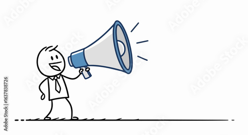 Hand-drawn stick figure businessman with a tie shouting into a large blue and grey megaphone.