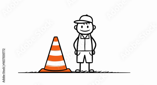 Hand-drawn stick figure worker in a cap and vest, smiling next to a striped orange traffic cone.