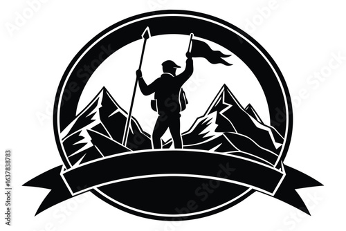 Silhouette of a climber raising the flag atop the mountain within a circular emblem