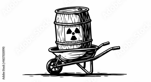 Monochrome woodcut style illustration of a radioactive waste barrel with a hazard symbol inside a single-wheel wheelbarrow.