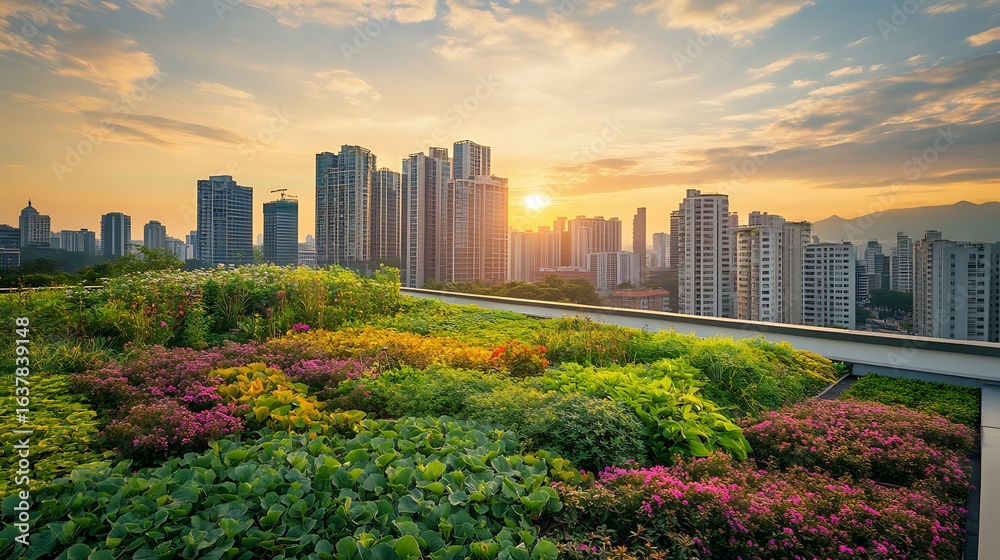 Fototapeta premium Green Roof Cityscape at Sunset with Lush Vegetation and Urban Skyline