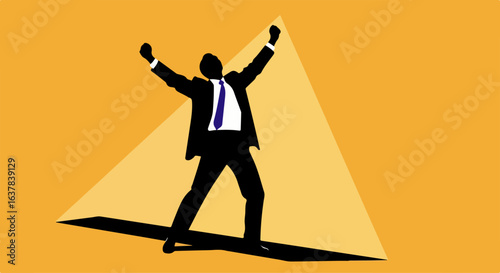 Silhouette of a triumphant businessman in a suit with a blue tie, arms raised.