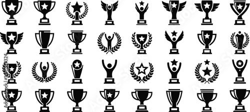 Trophy silhouette set, award icons, laurel wreaths, star trophies, winged cups, achievement symbols, black vector, champion prize, contest reward, illustration