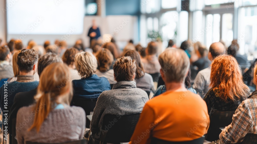 Obraz premium Audience Attending Business Conference: Seminar Attendees, Speaker, and Presentation Screen in a Bright Modern Setting