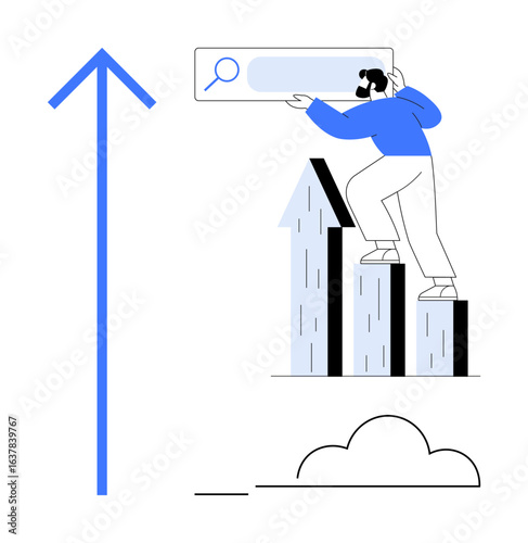 Person climbing upward growth bars holding a search bar, large blue arrow indicating progress. Ideal for growth, success, digital marketing, research, data analysis, innovation strategy. Clean