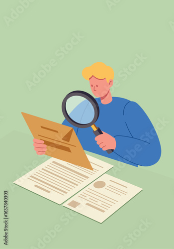 A stylized illustration of a person examining documents with a magnifying glass.