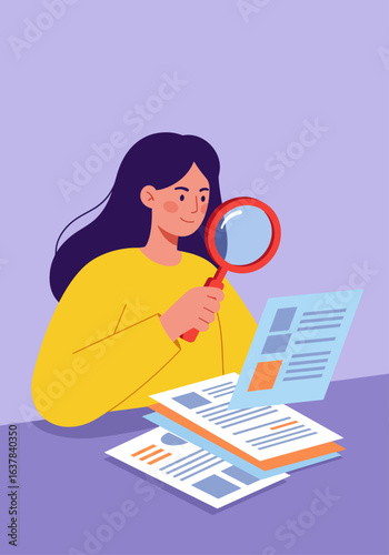 A focused woman intently examines documents and papers with a magnifying glass, symbolizing research, analysis, and meticulous attention to detail in a profe...