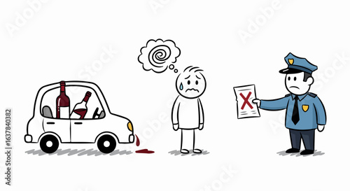 Stern cartoon police officer penalizing a dizzy stick figure for drunk driving with wine bottles in car.