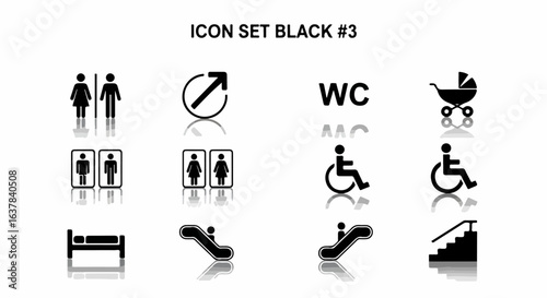 A collection of black public navigation and facility icons with a mirror reflection effect.