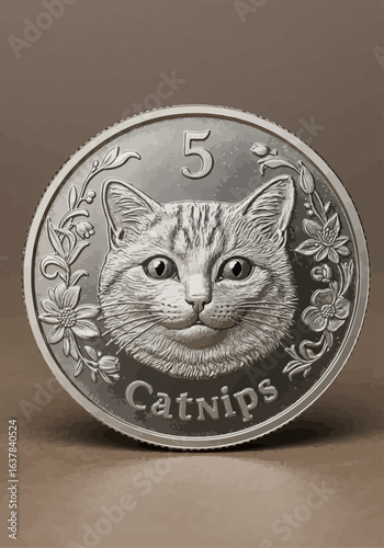 A commemorative coin featuring a cat with a neutral expression, surrounded by floral designs.