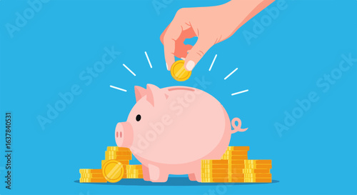 A hand depositing a shiny golden coin into a pink piggy bank, surrounded by stacks of money.