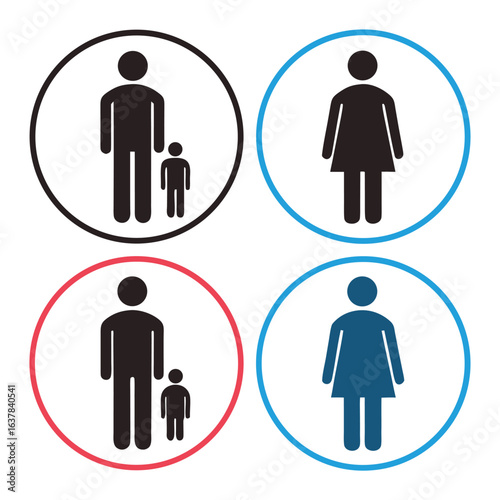 Simple Family Icon Set: Adult Male, Adult Female, Child;  Various Color Options; Clean, Modern, Minimalist Style; Perfect for Website Design, App Development, and Presentations.