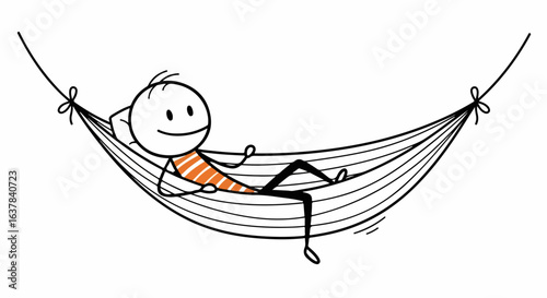 Cheerful stick figure with an orange striped shirt, relaxing and smiling in a simple hand-drawn hammock.