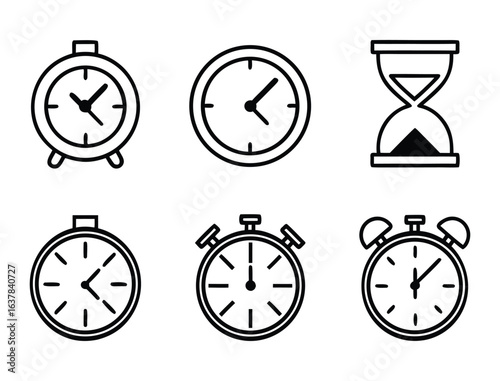 Collection of various clock and timekeeping icons isolated on white background