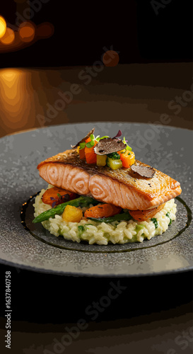 Pan-seared salmon fillet atop creamy risotto, garnished with roasted vegetables and truffle.