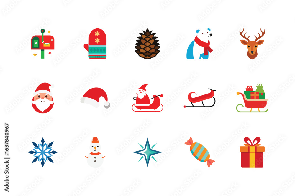 Naklejka premium Colorful Christmas Icons Featuring Santa Sleigh Reindeer And Festive Decorations