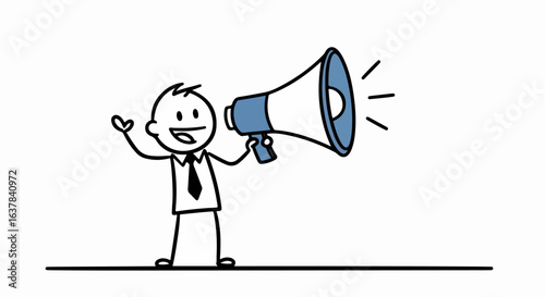 Hand-drawn stick figure businessman with a happy expression shouting into a blue megaphone.