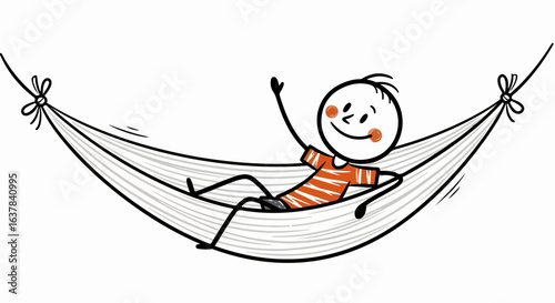 Happy cartoon stick figure boy in an orange striped shirt, relaxing and waving from a hammock.