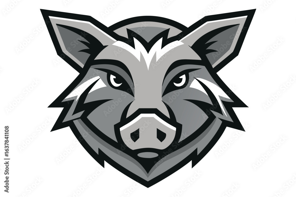 Obraz premium Gray and black wild boar head has an aggressive expression and is symmetrical