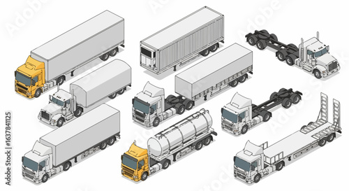 Isometric illustration set of various semi-trucks and trailers, including tanker, flatbed, and container models.
