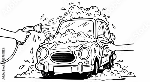 Line art illustration of a classic car hand wash with soap suds, a water hose, and a sponge.
