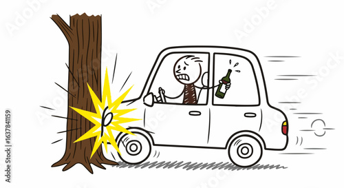 Panicked stick figure driver holding a bottle crashes a white car into a tree, illustrating a drunk driving accident.
