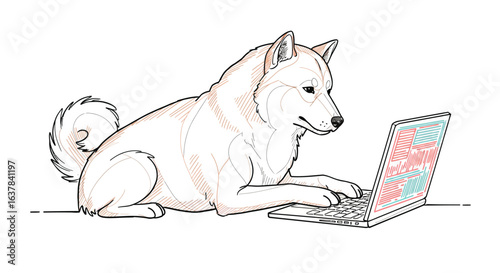 A fluffy white dog is lying down and focused on typing on a laptop computer, working.