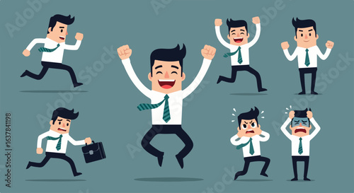 Set of a cartoon businessman character in various poses and emotions, including running, jumping, and stressed expressions.