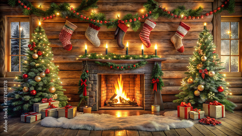 Cozy christmas scene with decorated trees, fireplace, and stockings, creating a warm and festive holiday atmosphere in a rustic cottage home isolated on transparent background
