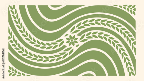 Abstract floral pattern with curved lines and leaf accents in a vintage green color scheme design style
