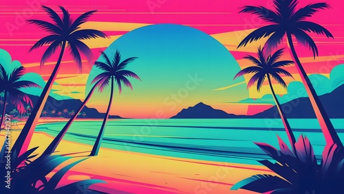Vibrant retro illustration of a tropical beach sunset with silhouetted palm trees. A digital art concept depicting a fantasy paradise escape with neon colors