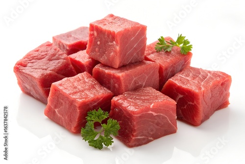 Fresh Raw Beef Cubes with Parsley on White Background