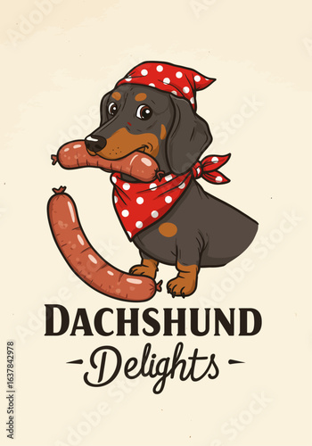 Cartoon dachshund dog wearing a red bandana, holding sausages, with a logo tagline.