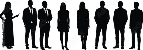 Group of business people standing together, professional men and women silhouettes, corporate team, teamwork concept, office staff vector, cad drawing flat vector illustration