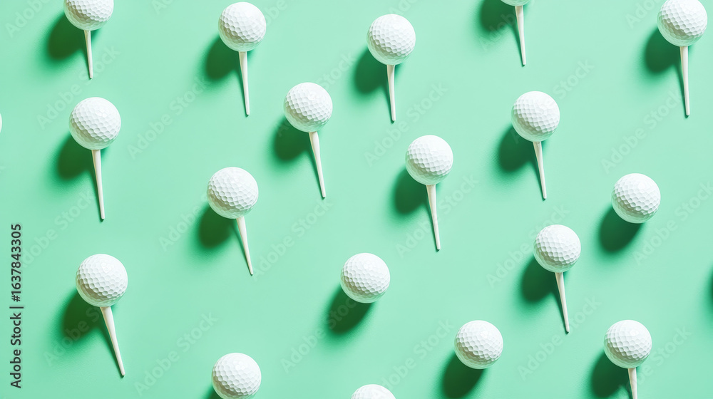 Golf-themed pattern on a green background with ample blank space for text. Poster design with copy space.

